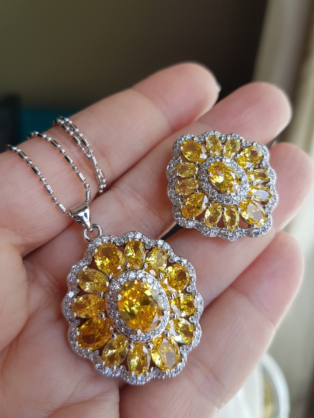 Swarovski Elements Citrine Yellow 925 Sterling Silver Earrings & Ring SET NEW - Picture 14 of 16